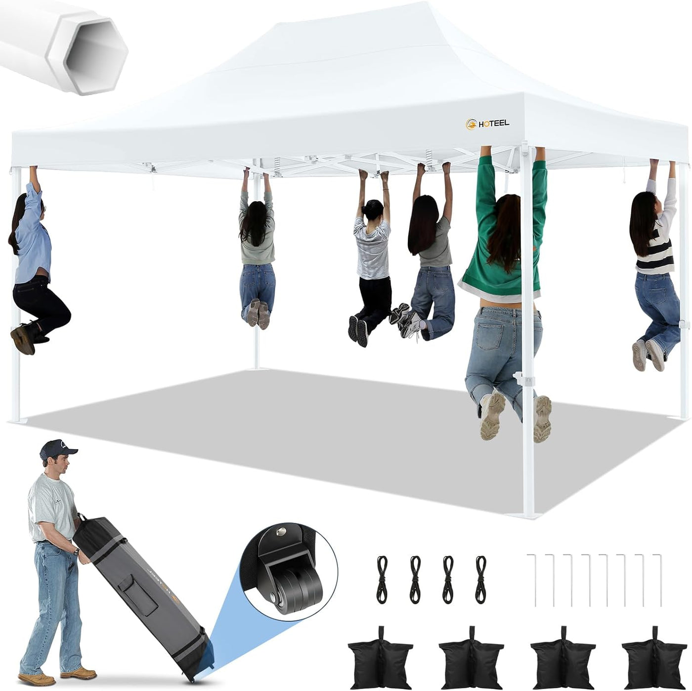 EliteShade 10x15' Commercial Pop-Up Canopy Tent with Roller Bag & Weight Bags - Heavy Duty, White