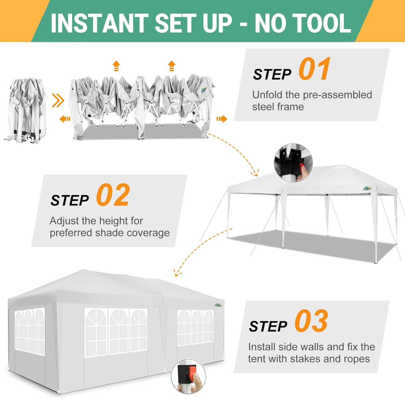 COBIZI 10x20 Pop-Up Canopy Tent with 6 Sidewalls, Waterproof & UPF 50+ - Perfect for Weddings & Events