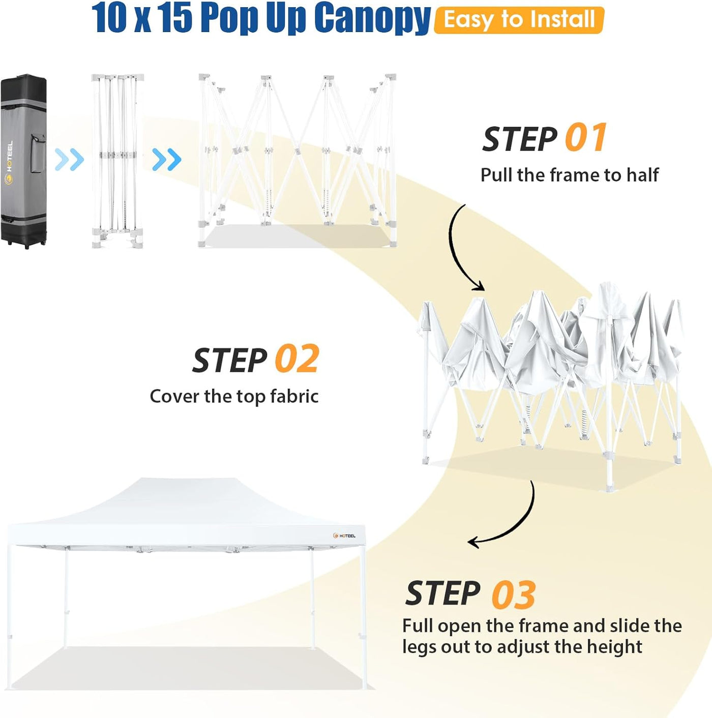 EliteShade 10x15' Commercial Pop-Up Canopy Tent with Roller Bag & Weight Bags - Heavy Duty, White