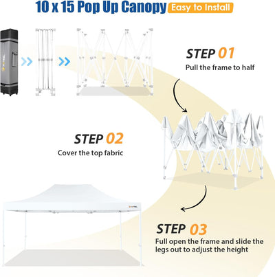 EliteShade 10x15' Commercial Pop-Up Canopy Tent with Roller Bag & Weight Bags - Heavy Duty, White