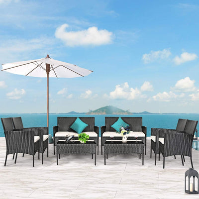 STARTOGOO 8-Piece Outdoor Rattan Furniture Set - Wicker Sofa, Loveseat & Glass Table