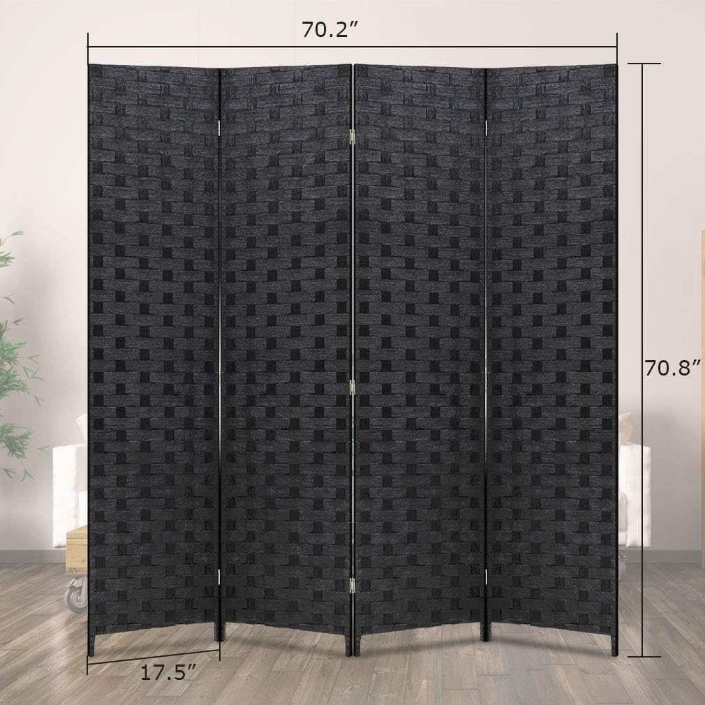 Wood Screen Room Divider - 4 Panel Hand-Woven, Folding, Portable Partition, 6FT Black