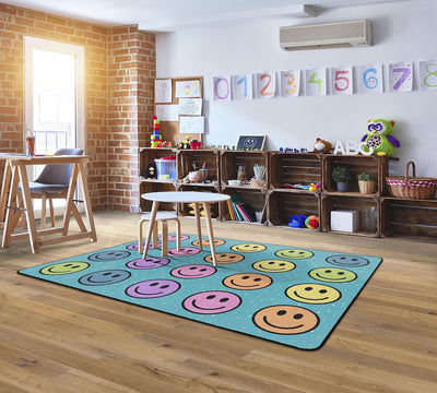 Flagship Carpets Smiley Seating Educational Rug - Seats 20, 6' x 8'4", Blue/Multi, Durable & Stain-Resistant