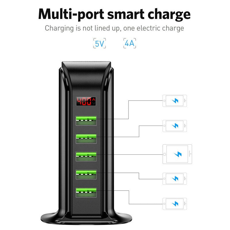 USLION 5 Port USB Charger HUB with LED Display